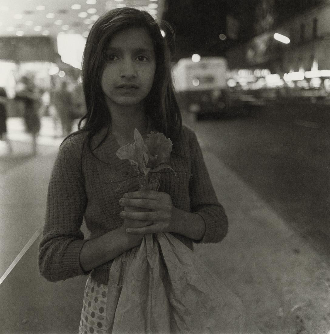 DIANE ARBUS - Child Selling Plastic Orchids, 1963: Artist: Diane Arbus Title: Child Selling Plastic Orchids at Night, NYC, 1963 Medium: Photo Litho, 2003, Germany Dimensions: 8.1x8.2" Description: Heat Wax Mounted on 11x14" Conservation Board Artist B