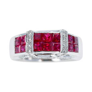 Invisible Set Square Ruby Ring with Diamonds, 18k White: A 14-stone Invisibly-Set Square Ruby Ring with Diamonds made in 18 Karat White Gold. The total weight of Ruby is 1.74 carats and the total weight of the Diamonds is 0.38 carats. There are Diamonds on