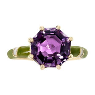 2.48 Ct. Octagonal Amethyst with Green and White: An Octagonal 2.48 carat Amethyst with Green and White Enamel made in 14 Karat Yellow Gold. Total Weight: 3.82 grams. Ring Size US 6.50.; Resizing is available. Creator D'Deco Jewels Metal 14k