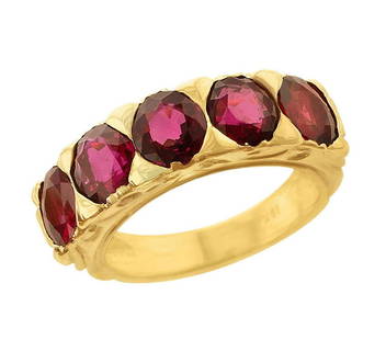 Five-Stone Ruby Band, 18 Karat Yellow Gold: A Horizontal Five Stone Ruby Band in 18K Yellow Gold with a decorative antique-style mounting. Each ruby is appx. 0.58 carats. Ring Size US 6.25. Metal Gold,18k Gold,Yellow Gold Stone Ruby Stone Cut