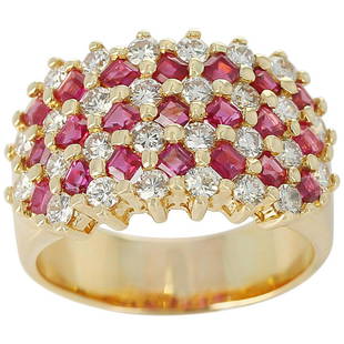 Seven Row-Patterned Ruby and Diamond Ring, 18 Karat: A Seven Row-Patterned Ruby and Diamond Ring in 18 Karat Yellow Gold. The diamond weight is 1.47 carats, and the weight of the rubies is 1.97 carats. Total Weight: 11.38 grams. Ring Size US 8.75. 