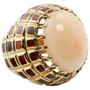 Enamel Angel Skin Pink Coral Ring 18K Gold Cocktail: Title: Enamel Angel Skin Pink Coral Ring 18K Gold Cocktail Additional Information: This spectacular vintage ring is finely crafted in solid 18K Yellow Gold and set with a gorgeous Coral cabochon in