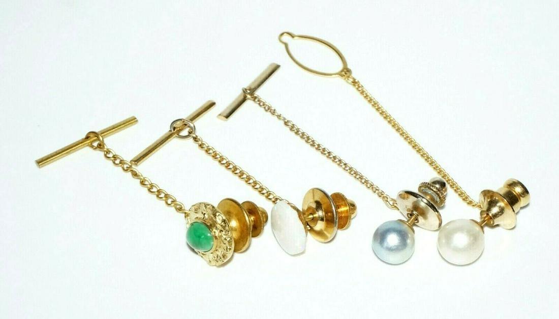 Vtg Tie Pins 14K/18K & Plated Jadeite Jade, Pearl, Opal (1 of 9)
