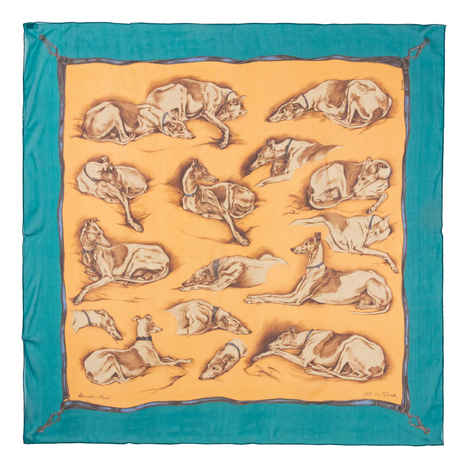 Hermes 90cm Silk Chiffon "Les Levriers" Scarf (1 of 3)