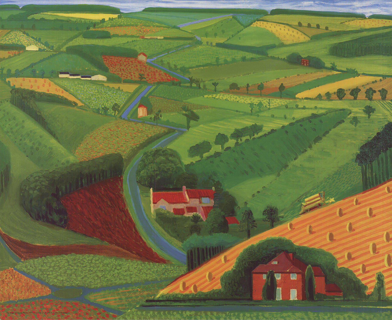 David Hockney: The Road Across the Wolds: Artist: David Hockney Title: The Road Across the Wolds Description: "The Road Across the Wolds" by David Hockney, 1997 Unsigned Offset Lithograph. Paper size is 19.75 x 24.25 inches, with an image siz
