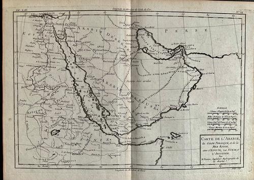 Arabian peninsula by Bonne/Raynal 1780: Title: Arabian peninsula by Bonne/Raynal 1780 Date/Period: 1780 Materials: Copperplate engraved Size: 13 1/2 x 9 3/4'' The whole Arabian peninsula shown covers modern Saudi Arabia, Oman, Yemen, Bahrai