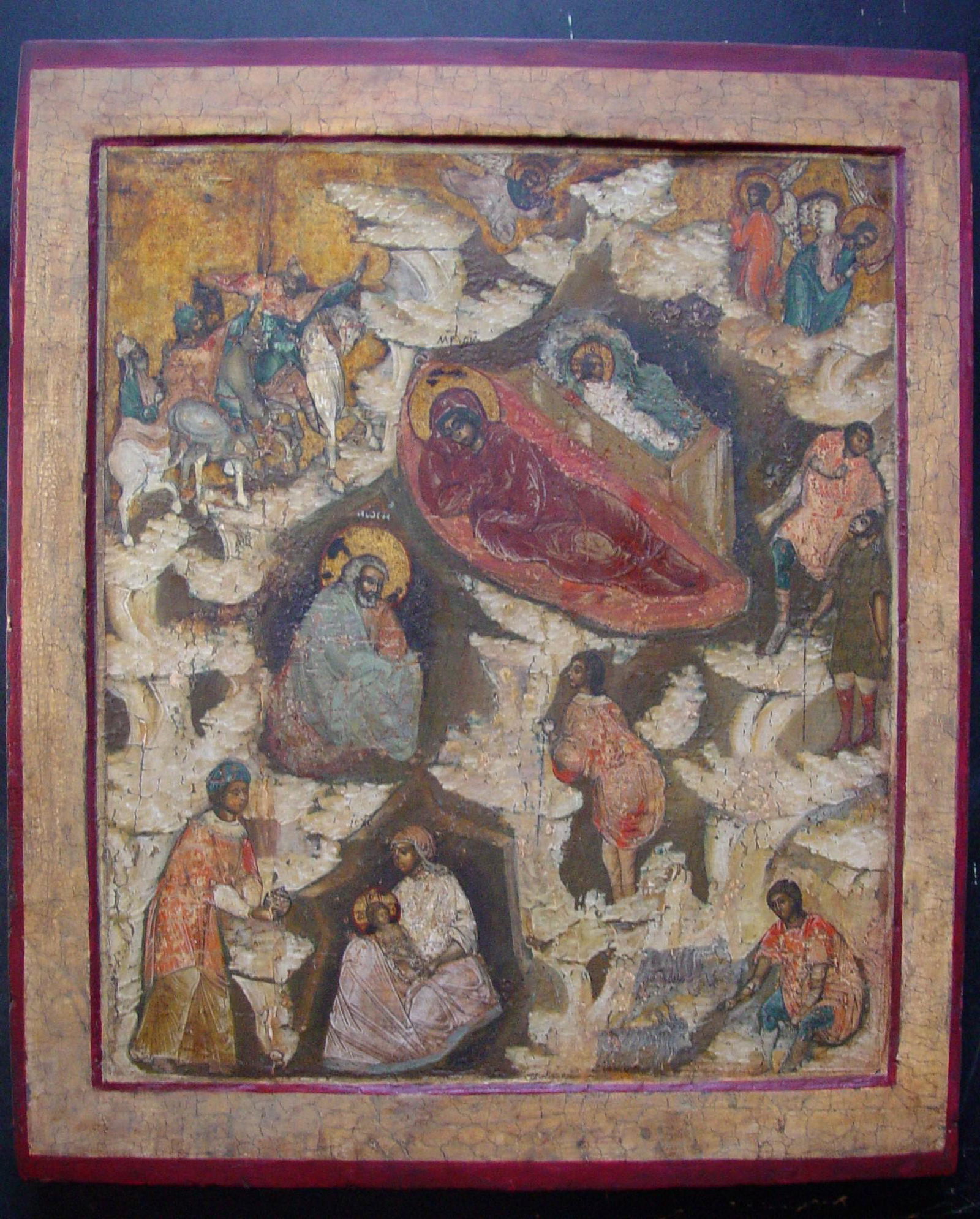 Large Birth of Christ: Title: Large Birth of Christ Origin: Russian Antique Religious Icon Date/Period: 18th century Material: tempera on wooden board Size: 38 x 34 cm Provenance: The Christmas story is represented as a (co