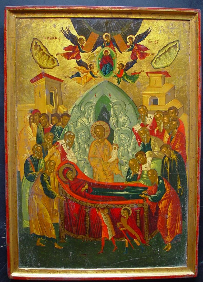 Very Large Dormation: Title: Very Large Dormation Origin: Greek Religious Icon Date/Period: 20th century Material: tempera on wooden board Size: 70 x 48 cm Provenance: The moment Mother of God died, Christ appears to take 