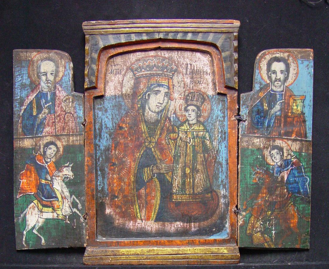Travelling Triptych: Title: Travelling Triptych Origin: Greek Religious Antique Icon, Mother God with Saints Date/Period: 18/19th century Material: tempera on wood Size: 39 x 31 cm (open) Provenance: In middle Mother God 