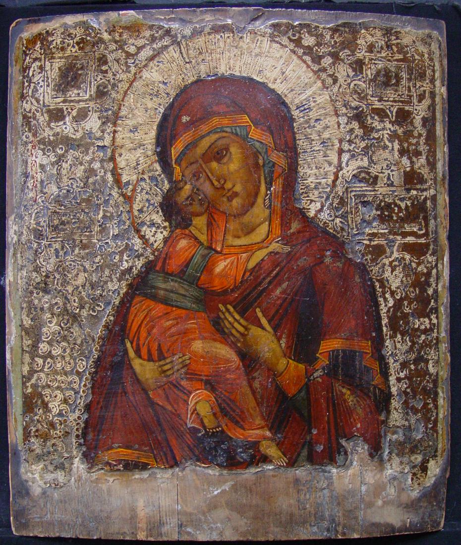 Virgin of Vladimir: Title: Virgin of Vladimir Origin: Russian Antique Religious Icon Date/Period: 18th century Material: tempera on wooden board Size: 36 x 31 cm Provenance: According to the ancient traditions, this orig