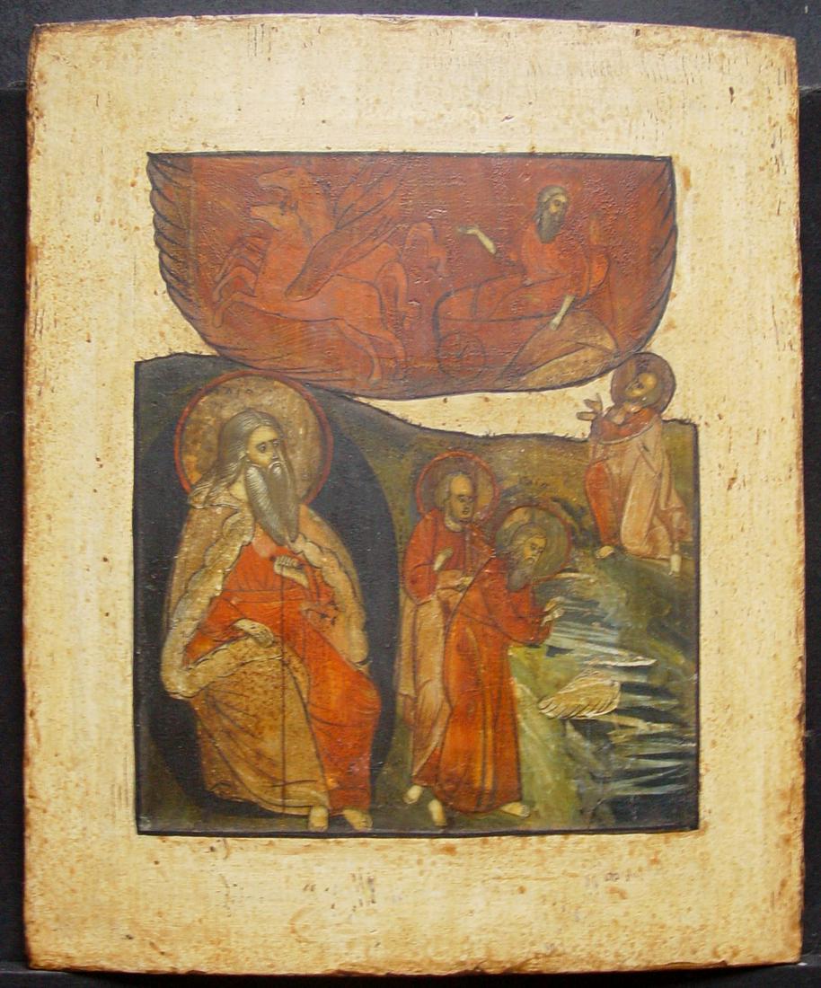 Ascension of Elijah: Title: Ascension of Elijah Origin: North Russia Religious Antique Icon Date/Period: 18th century Material: tempera on wooden board Size: 39 x 21 cm Provenance: Elijah also known as Elias and Saint Eli
