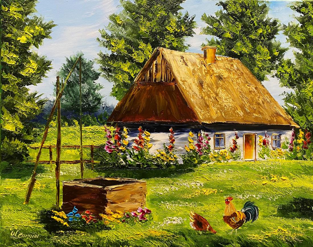Urszula Lemanska - Cottage: Description: Painting by Polish artist. Canvas stretched on wooden frame. Artwork is signed at front bottom left corner. Protected with varnish. Colors of the painting may slightly differ from photos