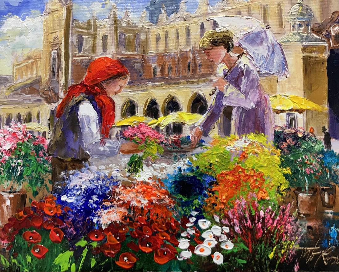 Tadeusz Wojtkowski - Florists: Description: Painting by Polish artist. Canvas stretched on wooden frame. Artwork is signed at front bottom right corner. Protected with varnish. Colors of the painting may slightly differ from photos