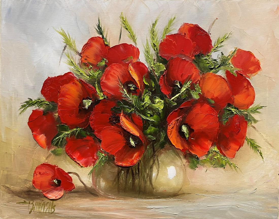 Ewa Bartosik - Poppies: Description: Painting by Polish artist. Canvas stretched on wooden frame. Artwork is signed at front bottom left corner. Protected with varnish. Colors of the painting may slightly differ from photos