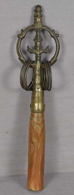 19c Japanese bronze BUDDHIST MONK RATTLE: Late 19th century Japanese bronze and wood kakhara - a Buddhist rattle used by a wandering monk or a pilgrim to scare off small creatures like snakes and insects, and thus prevent the carrier from ste