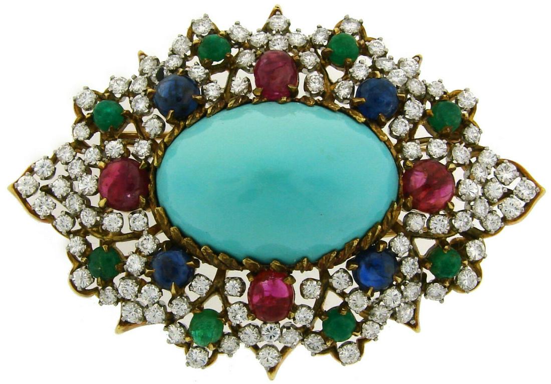 Turquoise Gold BROOCH PIN with 7.50 cts Diamond Ruby (1 of 16)