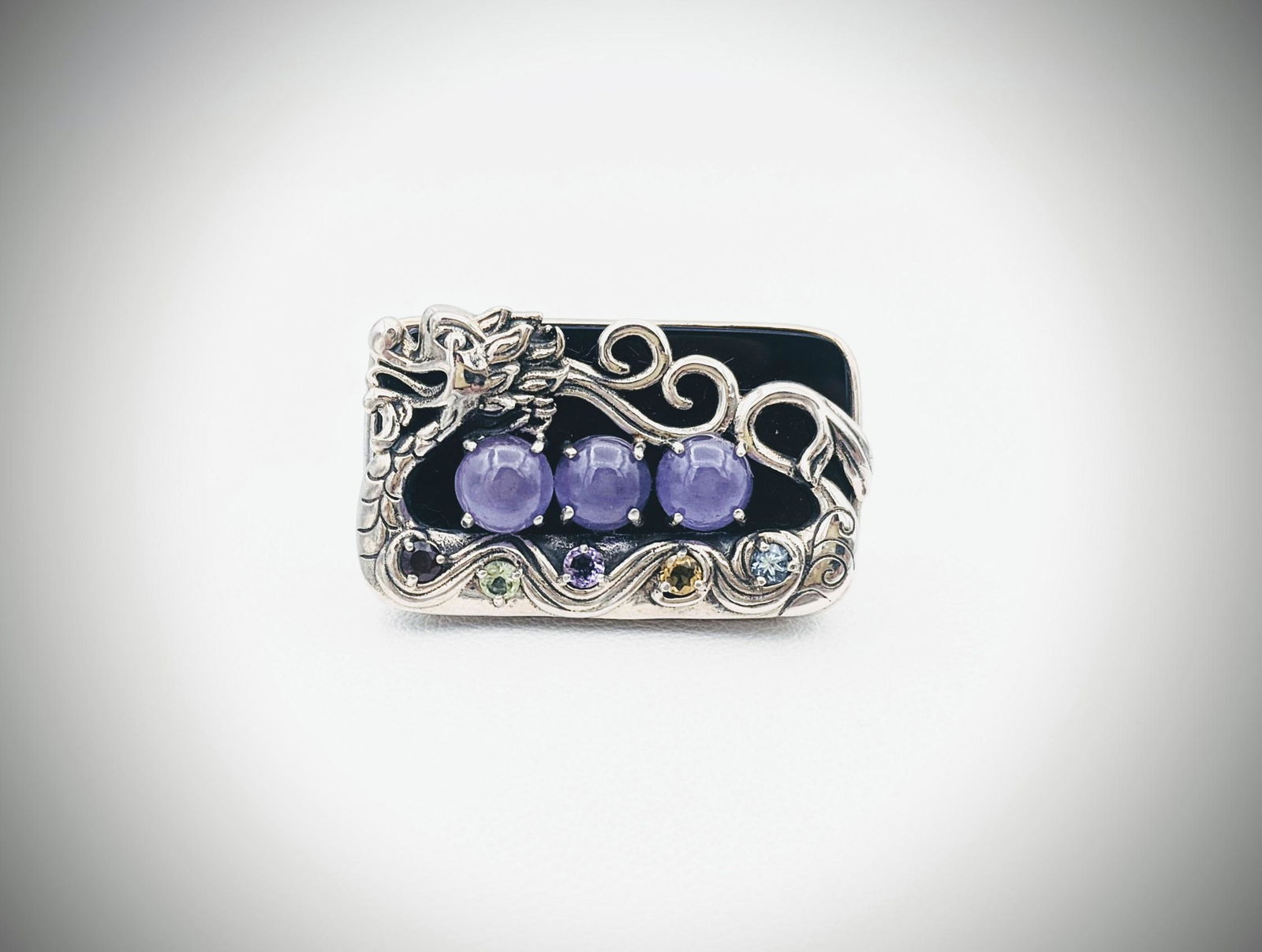 Sterling Silver Sz 7 Dragon Ring w Violet Jade, Blue (1 of 3)