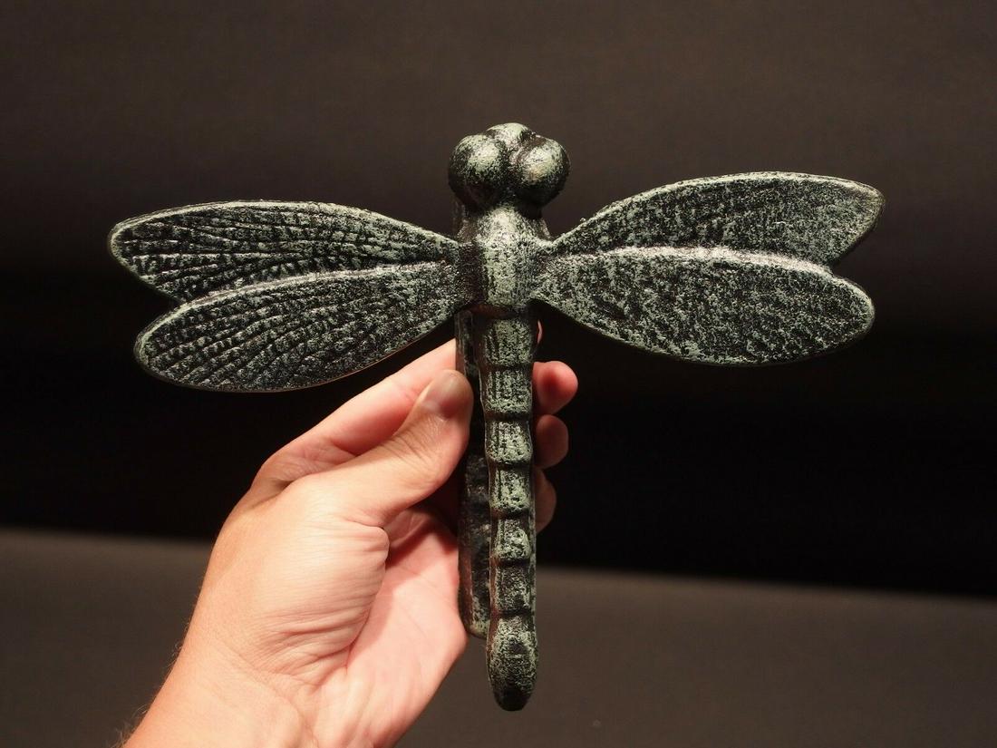 Cast Iron Verdigris Green Dragonfly Door Knocker: 8 1/2" Wide x 7" Tall 2" ExtensionGreat reproduction high quality cast iron door knocker. All cast iron with a verdigris/black finish. Be sure to see the images for the best representation. Reserve: $