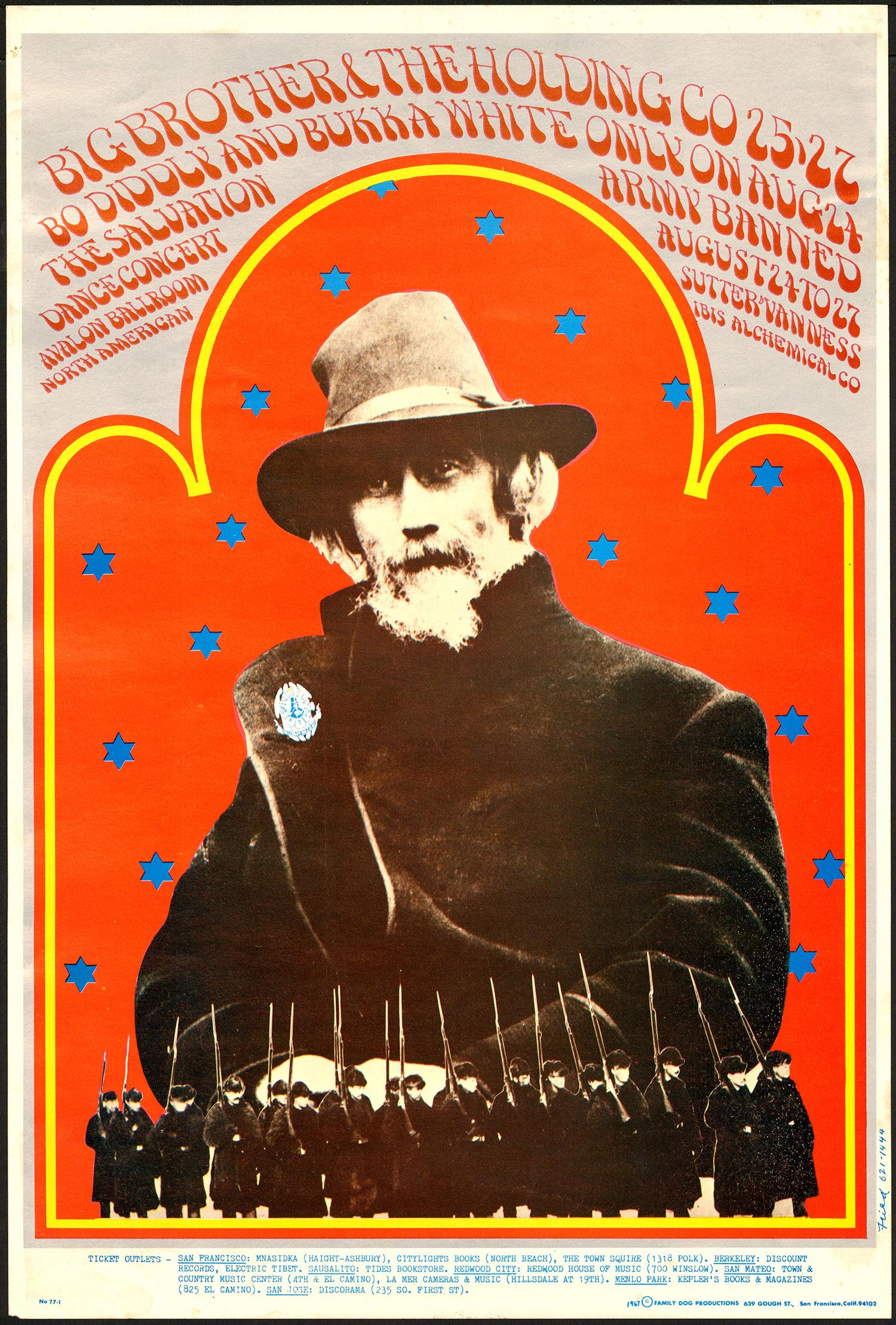 First Print FD-77 Big Brother And The Holding Company: No Reserve! Artist: Robert Fried Title: First Print FD-77 Big Brother And The Holding Company Poster Printing Date: 1967 Medium: Lithograph Size/Format: 13½" x 20 Publisher: Family Dog Series: Family