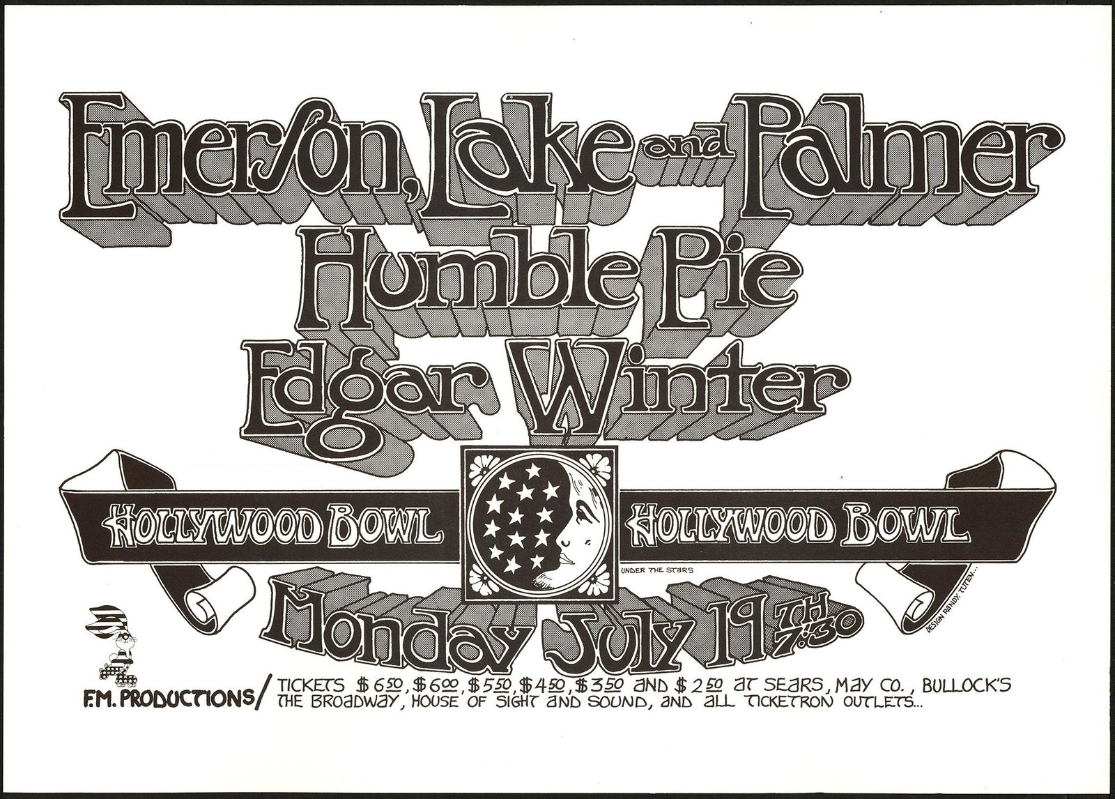 Hollywood Bowl Poster: No Reserve! Artist: Randy Tuten Title: Hollywood Bowl Poster Printing Date: 1971 Medium: Lithograph Size/Format: 20" x 14" Additional Info: Emerson, Lake and Palmer, Humble Pie, and Edgar Winter playe