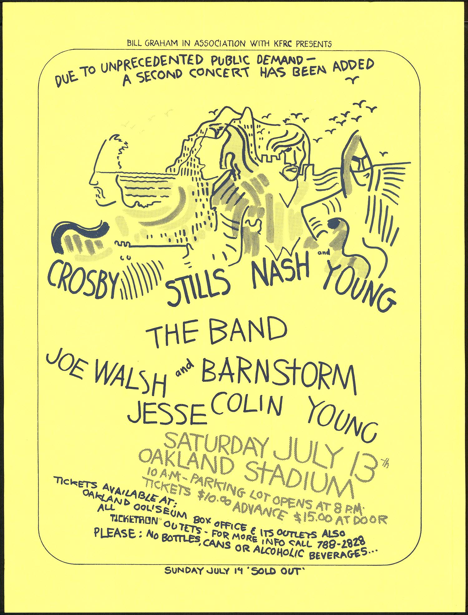 Crosby, Stills, Nash and Young At The Oakland Stadium: No Reserve! Artist: Randy Tuten Title: Crosby, Stills, Nash and Young At The Oakland Stadium Printing Date: 1974 Medium: Lithograph Size/Format: 17½" x 23" Publisher: Bill Graham Additional Info: Thi