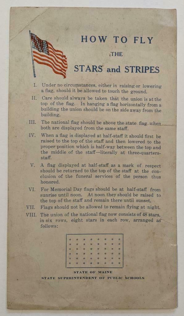 c1912 VINTAGE US FLAG PATRIOTIC INSTRUCTION SHEET HOW: c1912 VINTAGE US FLAG PATRIOTIC INSTRUCTION SHEET HOW TO FLY THE STARS & STRIPES c1912 VINTAGE US FLAG PATRIOTIC INSTRUCTION SHEET HOW TO FLY THE STARS & STRIPES Description (PLEASE CLICK HERE TO SEE 
