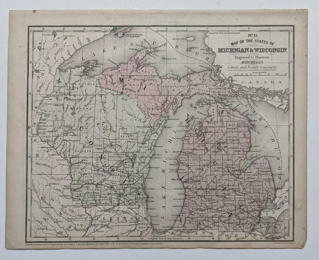 1858 OLD TINTED MAP, MICHIGAN & WISCONSIN, MITCHELL (1 of 4)