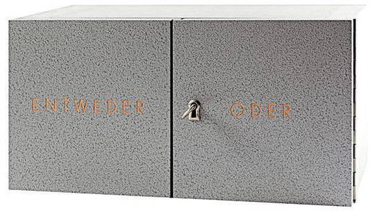 Thomas Locher: Entweder/Oder 1990: Artist: Thomas Locher Title: Entweder/Oder 1990 Medium: wooden box/hammered paint/ metal key, sculpture Dimensions: 15 3/4" x 7 3/4" x 7 3/4" Description: Signed edition of 25 Reserve: $300.00 