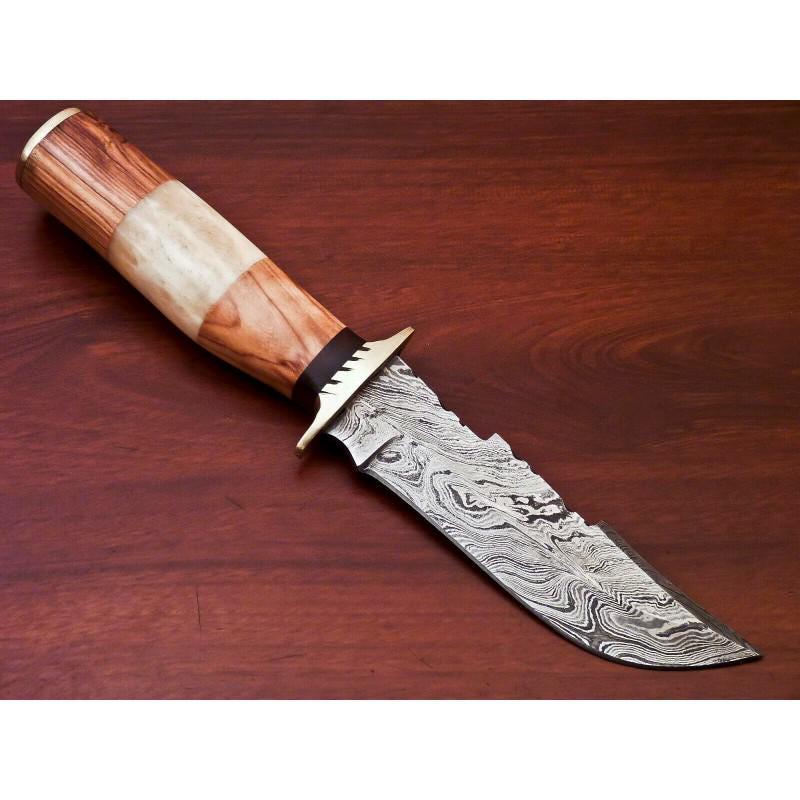 Everyday carry work hiking damascus steel knife wood: Knife "Caramel" made of damask steel. Handle – bone, wood, brass bolster and scabbard - genuine leather. Damascus knives are very durable, look great and keep sharpness perfectly. Damascus steel has