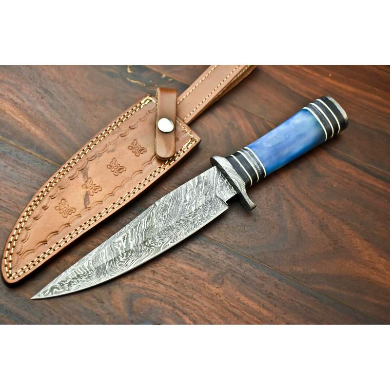 Hunting bowie camping work damascus steel knife bone: Knife "Tail" Blade - damask steel Handle – camel bone Scabbard – cowhide leather (included) Blade hardness – 58-60 HRC Total length – 330 mm. Blade length - 203 mm. Handle length – 127 mm. B