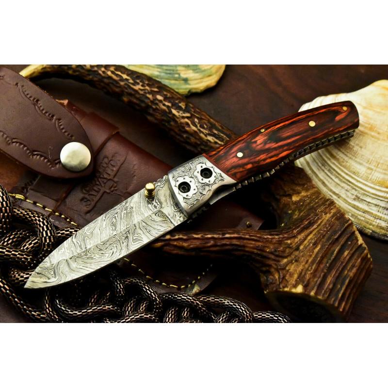 Everyday carry pocket folding damascus steel knife: Knife "Chocolate" Blade - damask steel Handle – wood Scabbard – cowhide leather (included) Blade hardness – 58-60 HRC Total length – 178 mm. Blade length - 76 mm. Handle length – 102 mm. Bla