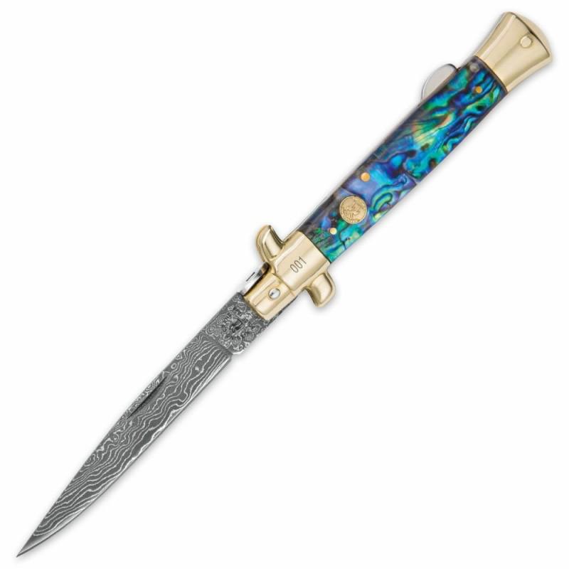 Camping work damascus steel knife hiking shell acrylic: Knife "Biddeford" made of damask steel. Handle – natural shell, acrylic and scabbard - genuine leather. Damascus knives are very durable, look great and keep sharpness perfectly. Damascus steel has 