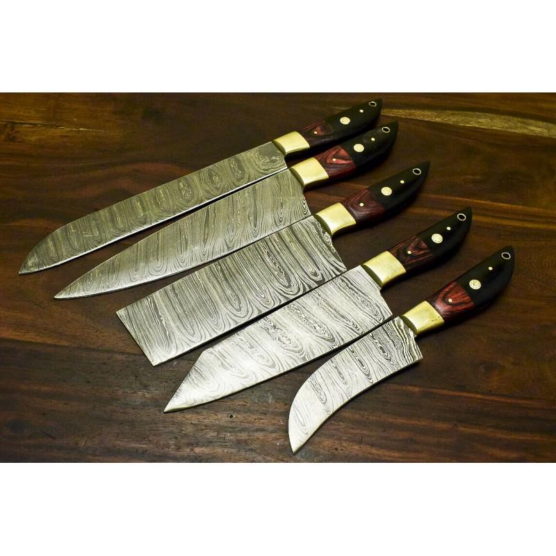 Set of 5 chef kitchen work damascus knives steel bone: Set of 5 Knives "Kitch" Blade - damask steel Handle – camel bone Scabbard - included Blade hardness – 58-60 HRC Total length – 338 mm. Blade length - 224 mm. Handle length – 114 mm Blade Butt 