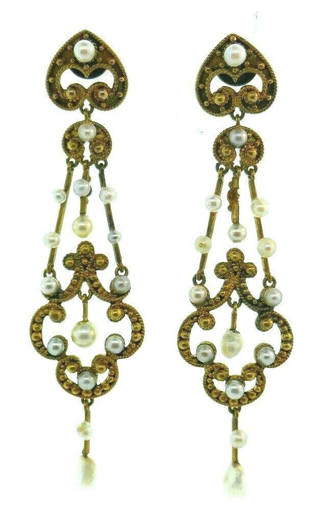 ANTIQUE 10k Yellow Gold & Pearl Drop Earrings Circa (1 of 4)