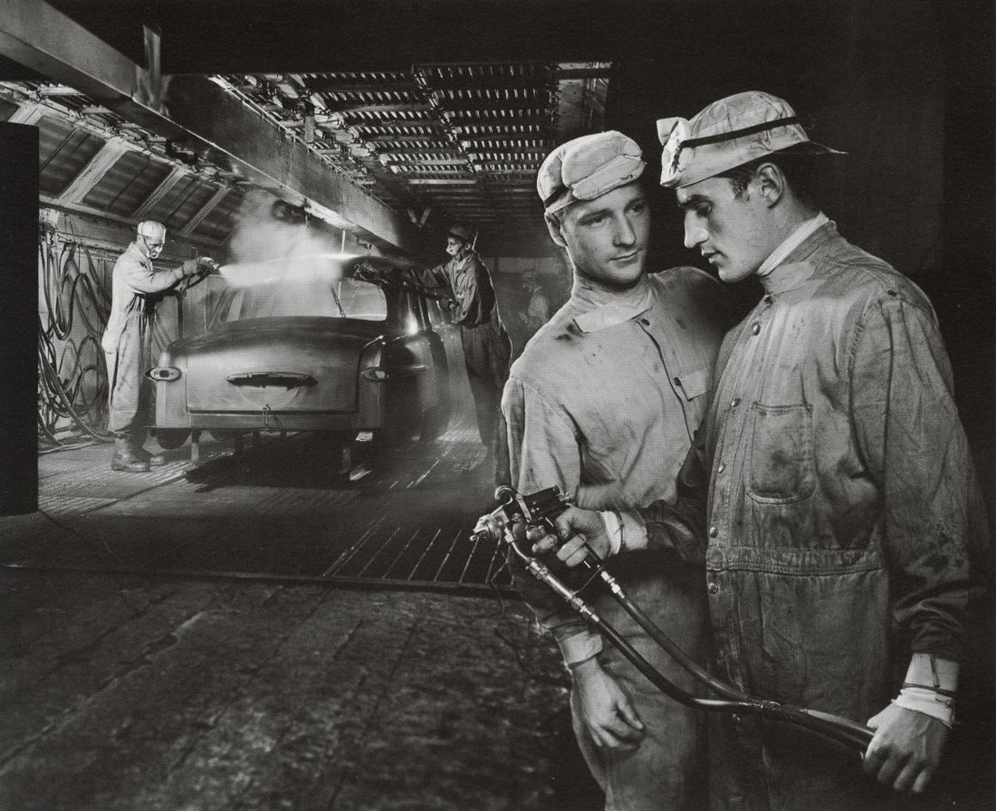 YOUSUF KARSH - Ford Canada, Paint Shop, 1951: Artist: Yousuf Karsh Title: Ford Canada, Windsor: Paint Shop, 1951 Medium: Photo Litho, 1989, Canada Dimensions: 7.2x5.85" Description: Heat Wax Mounted on 8.5x11" Conservation Board Artist Bio: Yousu