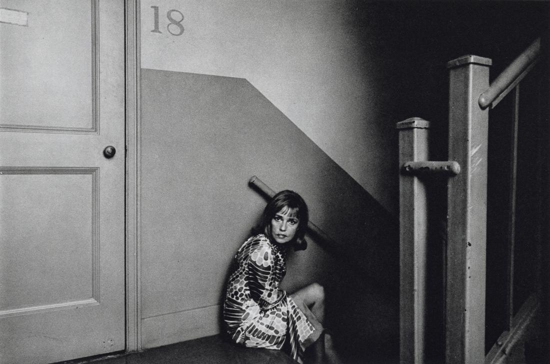 DUANE MICHALS - Jean Moreau on the Firescape Steps: Artist: Duane Michals Title: Jean Moreau on the Firescape Steps of the Sherry Netherland Hotel Medium: Sheet Fed Gravure, 1988, Japan Dimensions: 9x5.95" Description: Heat Wax Mounted on 8.5x11" Conse