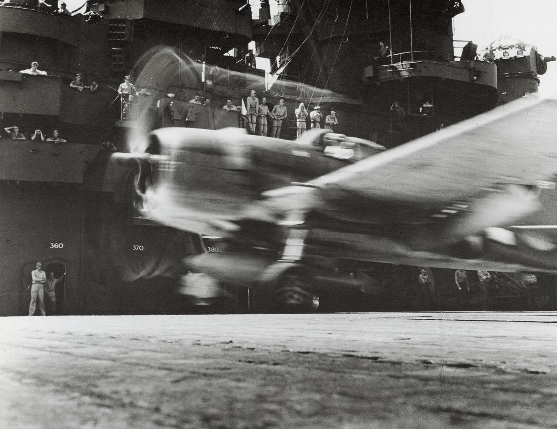 EDWARD STEICHEN - Grumman F6F Hellcat takes off, 1943: Artist: Edward Steichen Title: A Grumman F6F Hellcat takes off from the deck of the U.S.S. Lexington, 1943 Medium: Photo Litho, 1986, Japan Dimensions: 9.6x7.4" Description: Heat Wax Mounted on 11x14"