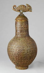 Large Bronze Chameleon lidded VaseAkan ? Ghana ?: Ghana ? AKAN ? Large African Bronze lidded Vase Attribution is very difficult The chameleon motif and the style make me think at the Akan People of Ghana, but I'm not sure Characteristics: TYPE OF