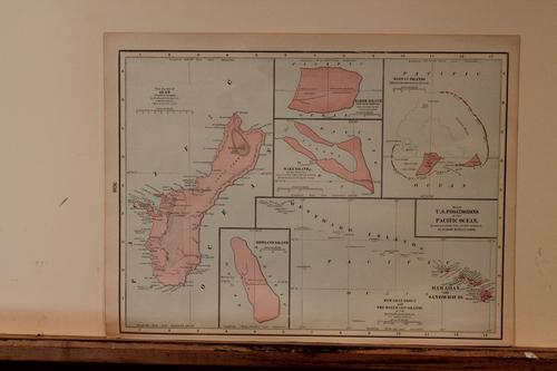 1897 Map of Guam: Author: Cram Title: 1897 Map of Guam Medium: Ink on Paper Dimensions: 14.5"X11.5" Map of Guam and US possessions in the Pacific dated 1897. Printed and published by George Cram in Chicago. Part of his