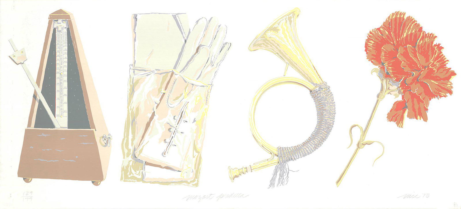 Don Nice: Mozart Predella: Artist: Don Nice Title: Mozart Predella Description: "Mozart Predella" by Don Nice, 1978 Signed Serigraph. Paper size is 33 x 72.25 inches, with an image size of 33 x 72.25 inches. The Serigraph is fr