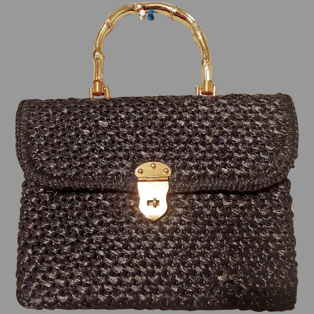 Vtg 1950's Forsum Rare black real Raffia/Straw handbag (1 of 7)