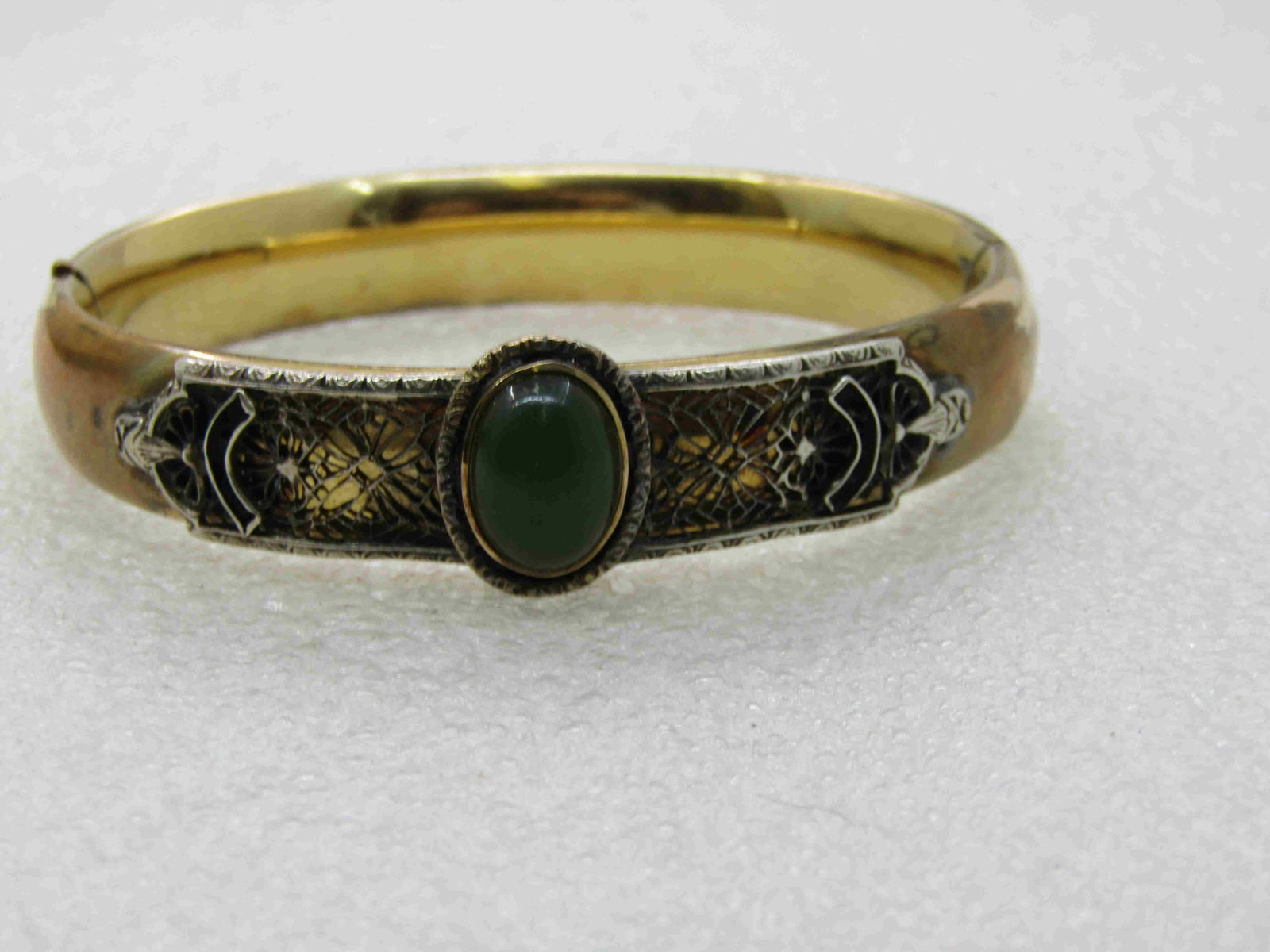 Vintage 10kt  G.F. & Sterling Hinged Jade Bracelet, (1 of 8)