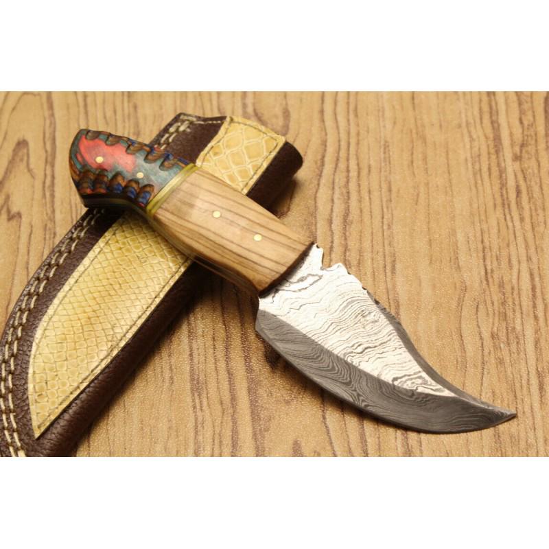 Everyday carry camping work damascus steel knife wood: Knife "Hair" Blade - damask steel Handle – hardwood, olive wood Scabbard – cowhide leather (included) Blade hardness – 55-58 HRC Total length – 183 mm. Blade length - 89 mm. Ha
