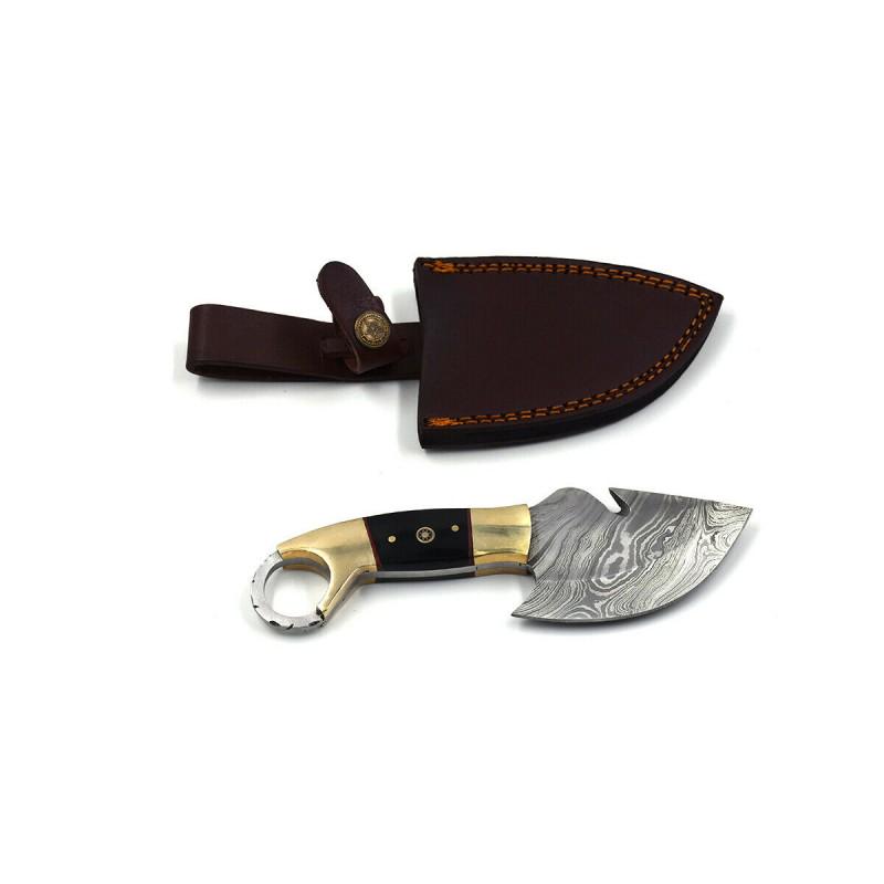 Everyday carry camping work damascus steel knife horn: Knife "Flea" Blade - damask steel Handle – black horn, brass Scabbard – cowhide leather (included) Blade hardness – 56-58 HRC Total length – 179 mm. Blade length - 77 mm. Handl