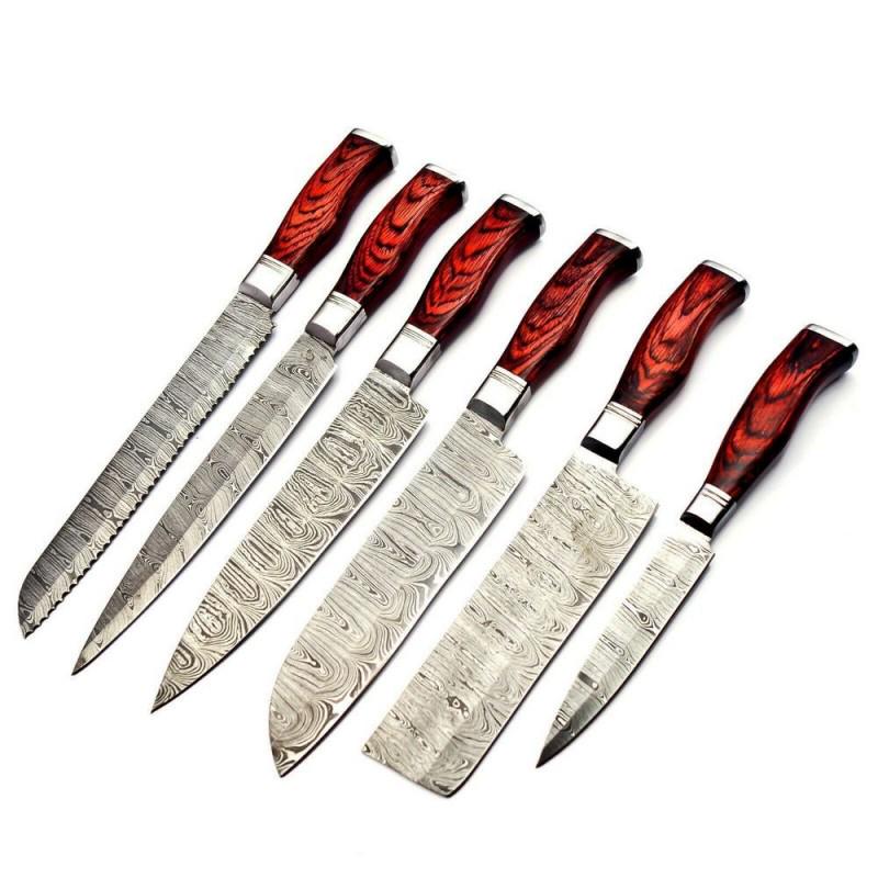 Set of 6 kitchen butcher chef damascus steel knife wood (1 of 5)