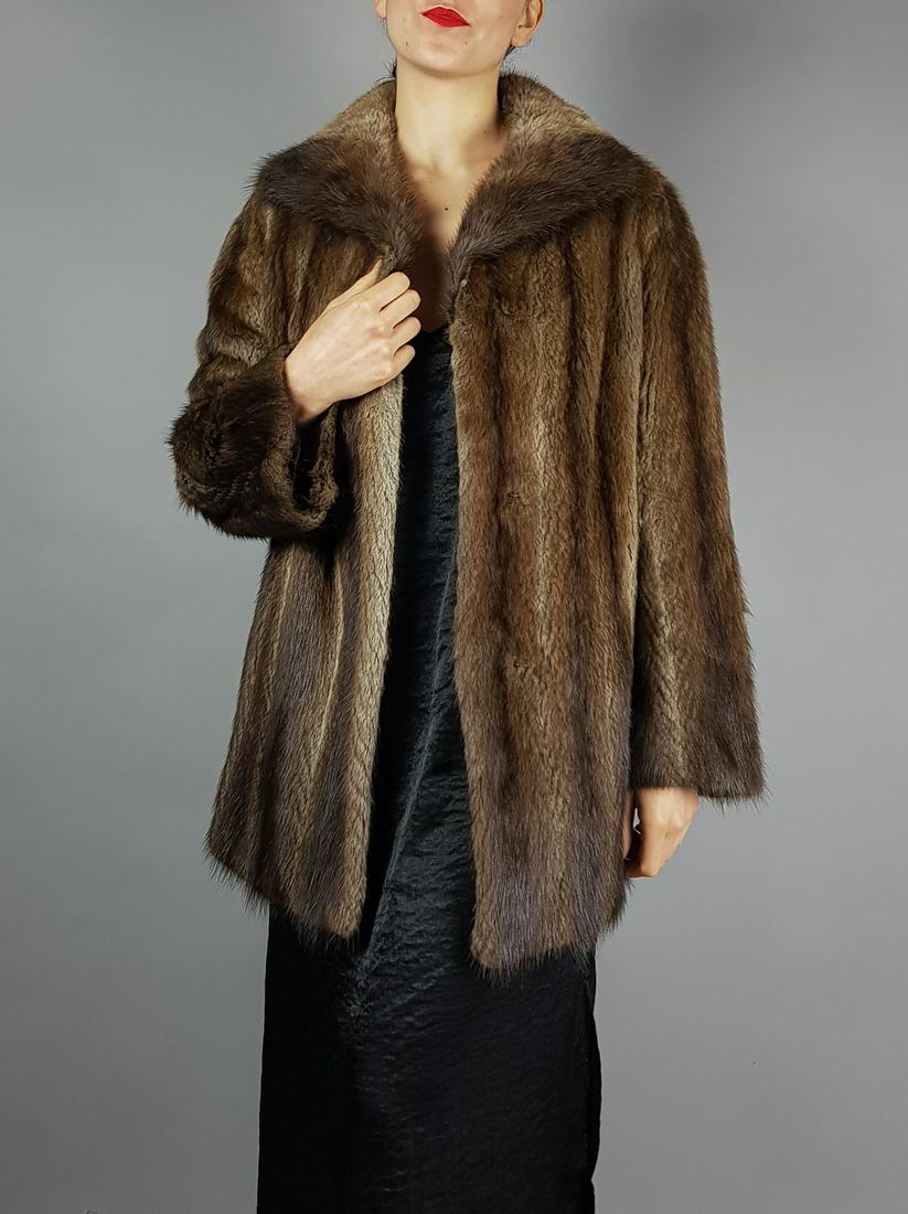 BROWN MUSQUASH FUR JACKET: Title: BROWN MUSQUASH FUR JACKET Dimensions: Size M: Length: 80cm/31.5in -Shoulders width:42cm/16.54in -Sleeve Length:60cm/23.62in -Chest size ( pit to pit x2 ):105cm/41.34in - Closed Hem:60cm/23.62in