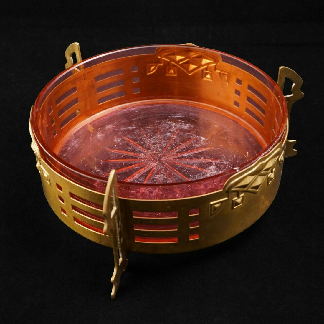 Art nouveau brass and cranberry glass serving dish c (1 of 16)
