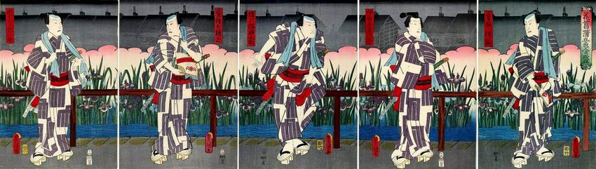 KUNISADA I, Utagawa, An Imaginary Thirty-six Poets:: Title: An Imaginary Thirty-six Poets: Five Iris Flowers in Full BloomArtist: KUNISADA I, UtagawaPublisher: Yamada-yaDate: 4/1858 (this impression)Medium:Woodblock printSize/Format: oban pentaptych