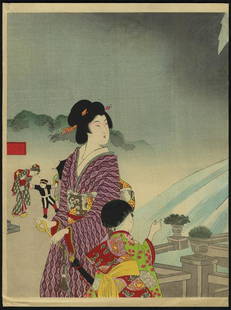 Japanese living museum early float world to woodcut: Title: Japanese living museum early float world to woodcut printmaking-Mother and daughter travelingSeries: Date: Meiji eraMedium:Japanese Woodblock PrintSize/Format: 25*33cmNotes: Japanese handmade