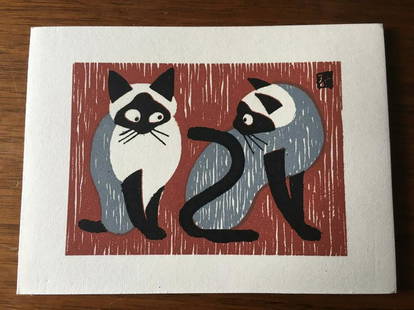 Saito, Siamese Cats with envelope: Title: Siamese Cats with envelope Artist: Saito Date: 1950s Origin:Japan Material: Woodblock Dimension: approx 4.5" x 3.5" Reserve: $90.00 Shipping: Domestic: Flat-rate of $20.00 to anywhere within th